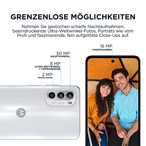 Motorola moto g52 Smartphone (6,5"-HD+-Display, 50-MP-Kamera, 4/128 GB, 5000 mAh, Android 12), Porcelain White, inkl. Schutzcover + KFZ-Adapter