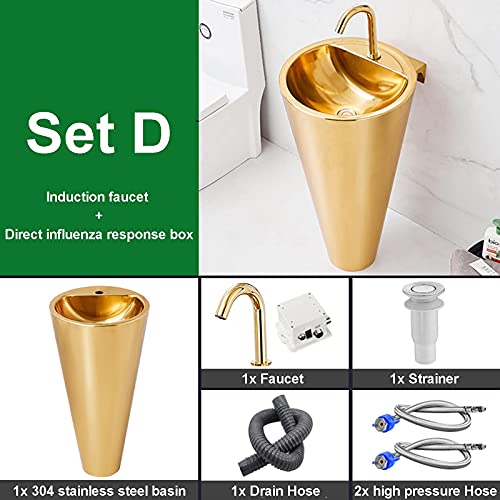 Waschbecken für Badezimmer, moderner Badezimmereimer aus Edelstahl 304, konische Form, Standfuß, Vollwaschbecken, Waschbecken, Waschbecken, Waschbecken, ohne Überlauf, Gold, Set A