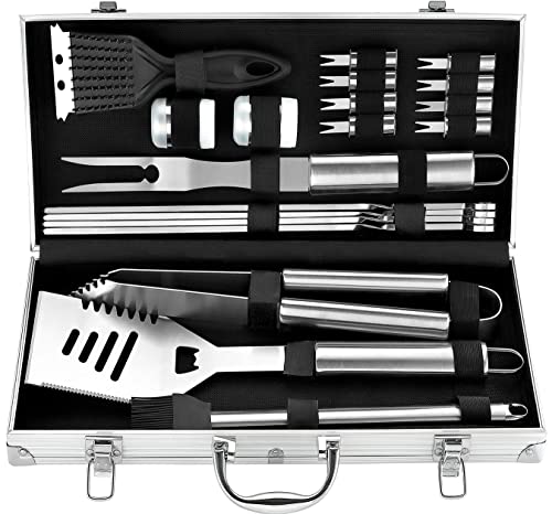 ROMANTICIST Grillbesteck Koffer Edelstahl Grillset - 20PC Grillkoffer Set im Aluminium - Professionelle Grill Werkzeuge Zubehör Kit für Männer Frauen