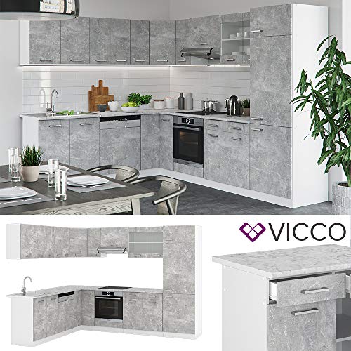 Vicco KÜCHENZEILE R-LINE ECKKÜCHE Winkel KÜCHE EINBAU Beton (Mit Arbeitsplatten)