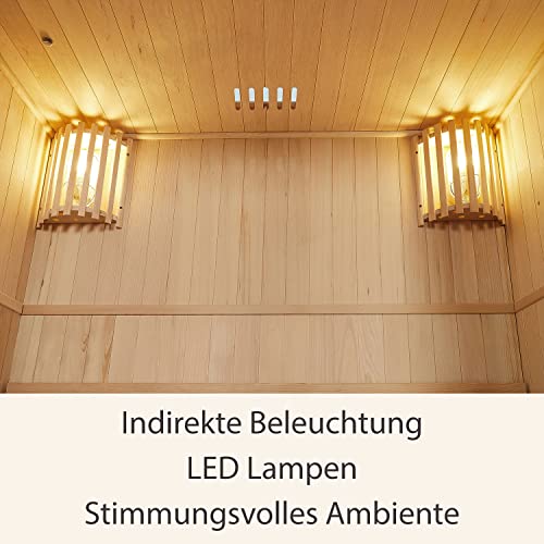 Artsauna Saunakabine Tampere mit 4,5 KW Ofen — Sauna 150 x 110 x 190 cm mit Glasfront, LED-Beleuchtung, Thermometer & Sanduhr — Kabine aus Hemlockholz