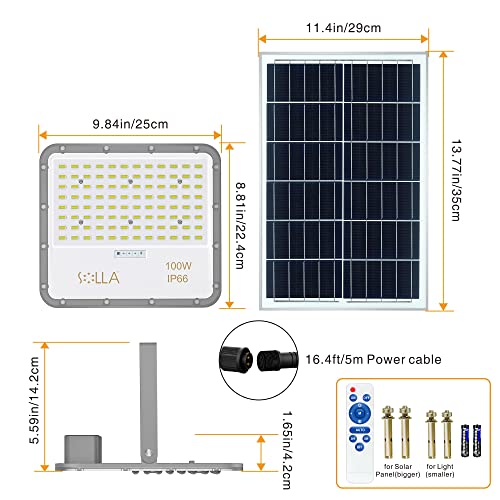 SOLLA 100W 6000K Solar Flutlichter, Superhell Solar Sicherheitsleuchten Outdoor IP66 Wasserdicht mit Fernbedienung, Dämmerung bis Morgengrauen Sensor, 500CM Kabel Solarleuchten für Scheune, Hof, Weg