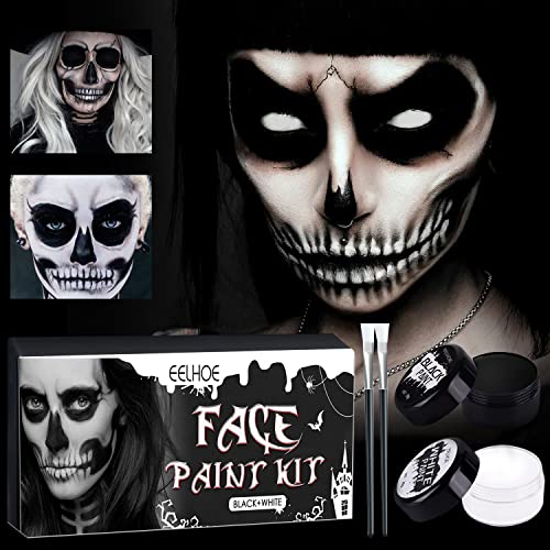 Halloween Schminke Set, Halloween Make up Set Profi, Schminke Weiß + Schwarz mit Schminkpinsel, Kinderschminke Kostüm, Clown Gesicht Körperfarbe Set, Körperbemalung für Halloween, Kostüm oder Party