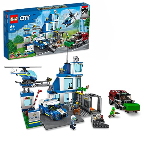 LEGO 60316 City Polizeistation mit Polizeiauto, Müllauto und Hubschrauber, Polizei-Spielzeug für Jungen und Mädchen ab 6 Jahren, Geschenk zu Weihnachten