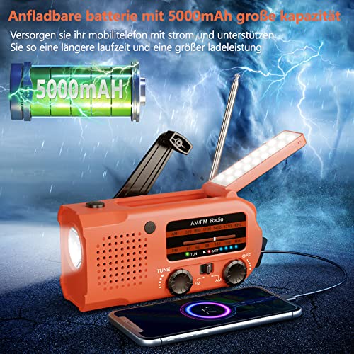 Linwtrid Solar Radio, Tragbar Kurbelradio Dynamo Radio mit AM/FM 5000mAh Akku Wiederaufladbare Powerbank Notfall-Radio LED Taschenlampe Leseleuchte für Wandern, Camping, Ourdoor, Notfall （Orange）