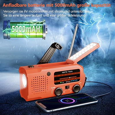 Linwtrid Solar Radio, Tragbar Kurbelradio Dynamo Radio mit AM/FM 5000mAh Akku Wiederaufladbare Powerbank Notfall-Radio LED Taschenlampe Leseleuchte für Wandern, Camping, Ourdoor, Notfall （Orange）