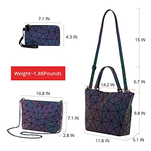 LOVEVOOK Handtasche Set Damen, Geometrische Holographic Taschen, 3pcs Umhängetasche Henkeltasche Geldbörse PU Leder, Leuchtende Schultertasche, Beste Geschenk für Frauen, A-3 Sets