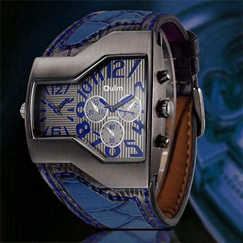 JewelryWe Herrenuhren Analog Quarz Casual Armbanduhr Blau Leder Armband Sportuht mit Digital Zifferblatt Vatertagsgeschenk