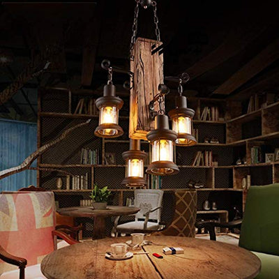 Retro Pendelleuchte Industrielle Loft Bar Hängeleuchte 4 Lichter,JOJOM Kreativ Persönlichkeit Wohnzimmer Esszimmer Schlafzimmer Studie Kronleuchter Vintage Antik Metall Glas Holz Dekorativer Hängelamp