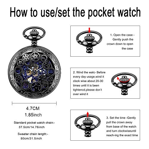 Unendlich U Herren Römische Ziffern Skala Taschenuhr mit Halskette Kette Analog Handaufzug Unisex Retro Steampunk Mechanische Kettenuhr