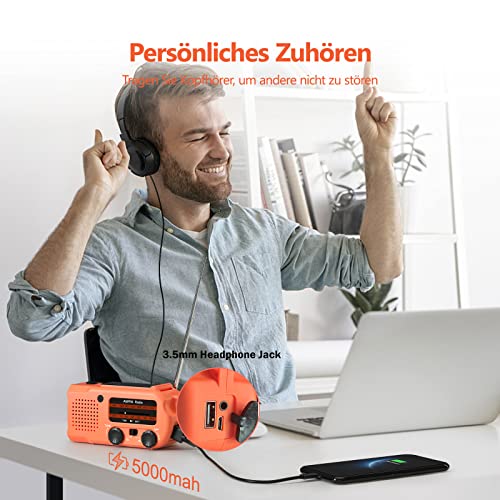 Linwtrid Solar Radio, Tragbar Kurbelradio Dynamo Radio mit AM/FM 5000mAh Akku Wiederaufladbare Powerbank Notfall-Radio LED Taschenlampe Leseleuchte für Wandern, Camping, Ourdoor, Notfall （Orange）