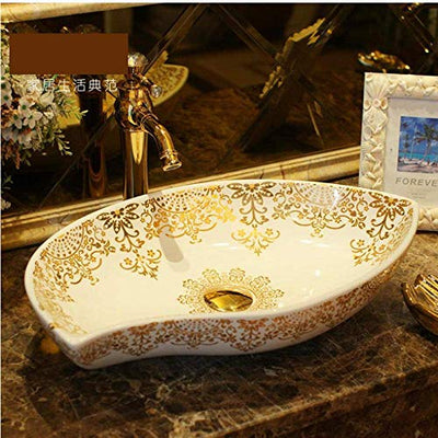 YIQIFEI Oval Jingdezhen Badezimmer Keramik Waschbecken Waschbecken Counter Top Waschbecken Waschbecken weiß mit Goldmuster Waschbecken