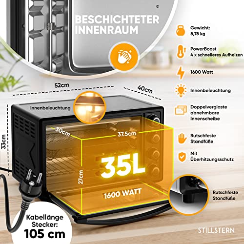 Stillstern Minibackofen mit Umluft (35L) Deutsche Version, Auftauen, Ofenhandschuhe, Rezeptheft, Drehspieß, Timer, Innenbeleuchtung, 1600W, Toaster Grill Pizzaofen Mini Backofen ideal für Camping