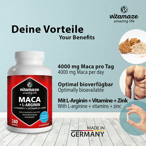 Maca Kapseln hochdosiert 4000 mg + L-Arginin + Vitamine + Zink, 240 Kapseln mit 4000 mg Pulver aus der Maca Wurzel für 2 Monate, Pflanzliche Nahrungsergänzung ohne Zusätze, Made in Germany