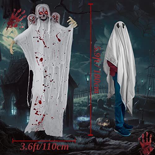 Halloween Hängende Geister Deko - 180 x 110 cm, Grusel Groß DREI Köpfe Skelett Türdeko Außen, Horror Glitzer Haustür Totenkopf Figuren für Garden | Spukhaus | Mottoparty, mit 2 x Haken Selbstklebend