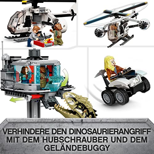 LEGO 76949 Jurassic World Giganotosaurus & Therizinosaurus Angriff, Dinosaurier Spielzeug mit Hubschrauber, Auto und 2 Dino Figuren, Geschenk zu Weihnachten