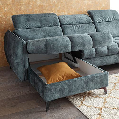 TOGO Wohnlandschaft in U-Form, Stoffbezug Smoke Blue - Ausziehbares Sofa mit Schlaffunktion, Bettkasten & verstellbaren Kopfteilen - 347 x 82 (99) x 221 cm (B/H/T)