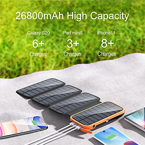 CONXWAN Solar Powerbank 26800mAh Solarladegerät mit 4 Solarpanel und 3 Ausgängen, USB C Externer Akku Tragbares Ladegerät für Outdoor Camping, Wandern