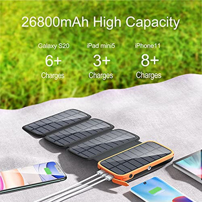 CONXWAN Solar Powerbank 26800mAh Solarladegerät mit 4 Solarpanel und 3 Ausgängen, USB C Externer Akku Tragbares Ladegerät für Outdoor Camping, Wandern