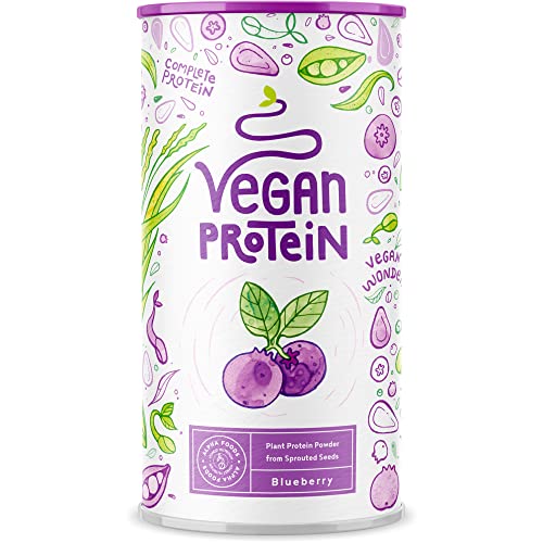 Vegan Protein - BLAUBEERE - Pflanzliches Proteinpulver aus Reis, Lupinen, Erbsen, Chia-Samen, Leinsamen, Amaranth, Sonnenblumen- und Kürbiskernen - 600 Gramm Pulver