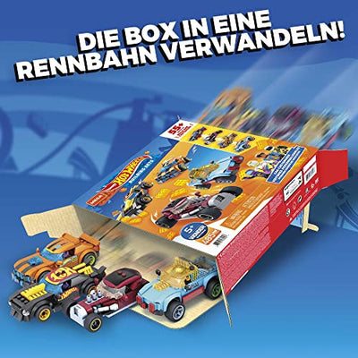 MEGA Construx GVM13 - Hot Wheels Rennwagen Spielzeug-Set, Bauset, 485 Teile, 4 Fahrzeuge, Rally Cat, Dawgzilla, Night Shifter und Mod Rod, 4 bewegliche Mikro-Actionfiguren, für Kinder ab 5 Jahren