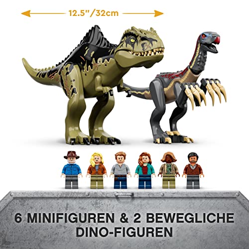 LEGO 76949 Jurassic World Giganotosaurus & Therizinosaurus Angriff, Dinosaurier Spielzeug mit Hubschrauber, Auto und 2 Dino Figuren, Geschenk zu Weihnachten