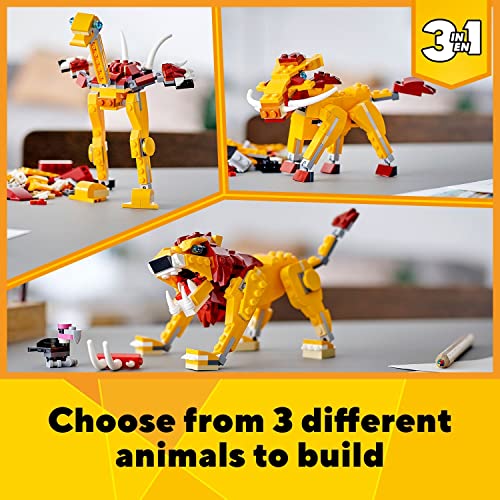 LEGO 31112 Creator 3-in-1 Wilder Löwe Set mit Vogel, Strauß und Warzenschwein Tierfiguren, Lernspielzeug, Konstruktionsspielzeug für Kinder ab 7 Jahre