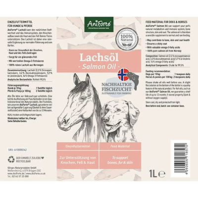 AniForte Lachsöl für Hunde & Pferde 1 Liter - Omega 3 & Omega 6 Fettsäuren, Premium Fischöl für Welpen, Adult, Senior, Lachsöl Hunde ohne Zusätze, Barf Zusatz, Recyclebare Verpackung