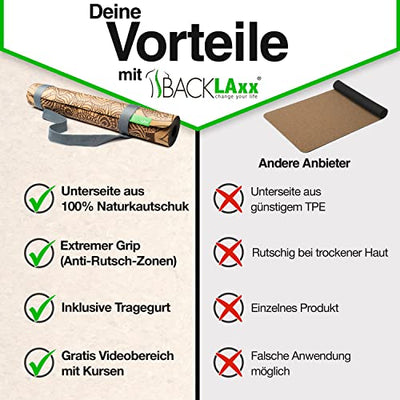 BACKLAxx ® Kork Yoga Matte mit Naturkautschuk – Nachhaltige Yogamatte rutschfest schadstofffrei mit Anti-Rutsch-Zonen – inkl. Mattengurt und Anwendungsvideos – Yogamatte Kork Korkmatten Yoga