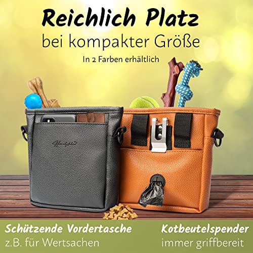 Heimatpfoten® Futterbeutel für Hunde aus Leder-Imitat - Gassi-Tasche mit Einhand Magnet-Verschluss - Hunde-Leckerli-Beutel - Zwei Kammern - Futtertasche Training Welpen-Erziehung Braun