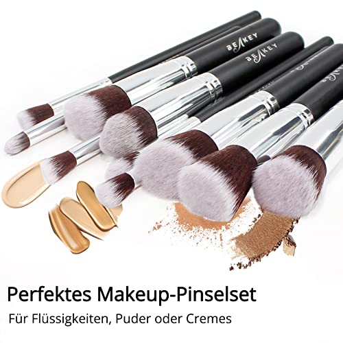 BEAKEY Pinselset Makeup, Professionelles Foundation Make up Pinsel Set Premium Synthetic Lidschatten Blush Schminkpinsel Set mit Beauty Schwamm und Bürsteswaschener mit Eiform (10+2 Stück, Silber)