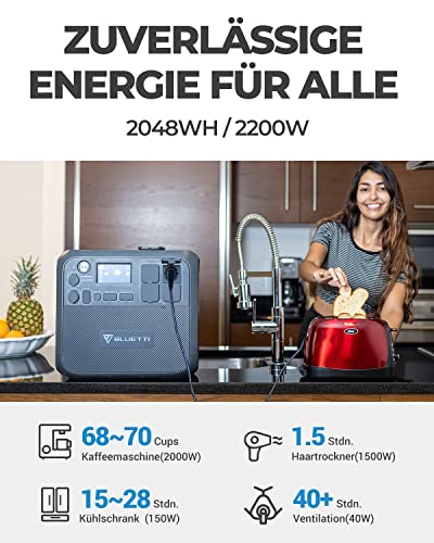 BLUETTI Tragbare Powerstation AC200MAX Solargenerator mit 2048Wh LiFePO4 Batterie, Erweiterbare Kapazität bis zu 8192Wh, Stromerzeuger mit 2200W AC-Steckdosen für Camping, Notfall, Wohnwagen