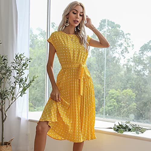 Blooming Beauty Damen Sommerkleid Polka Dots Kurzarm Rundhals Knielang Strandkleid Elegant Casual Lose Cocktail Party Kleider Faltenkleid Freizeitkleid mit Gürtel (Gelb, XXL)