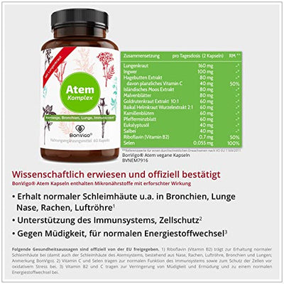 BonVigo Atem-Immun-Power hochdosiert - Pflanzen-Komplex, Multivitamin und Minerale breit synergetisch wirkend - Vereint unsere besten Rezepturen für Atem, Lunge, Immunsystem - Günstig im DUO (1)