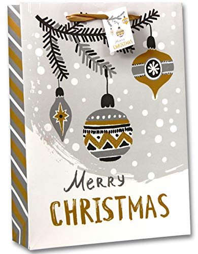 Bambelaa! 12 Stück Merry Christmas Geschenktüten Weihnachten Geschenktaschen Groß Papiertüten Weihnachtstüten 157 g Papier Gold Silber Weiß Matt (Ca. 25x8,5x34 cm)