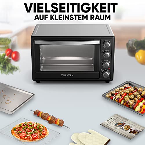 Stillstern Minibackofen mit Umluft (35L) Deutsche Version, Auftauen, Ofenhandschuhe, Rezeptheft, Drehspieß, Timer, Innenbeleuchtung, 1600W, Toaster Grill Pizzaofen Mini Backofen ideal für Camping