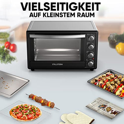 Stillstern Minibackofen mit Umluft (35L) Deutsche Version, Auftauen, Ofenhandschuhe, Rezeptheft, Drehspieß, Timer, Innenbeleuchtung, 1600W, Toaster Grill Pizzaofen Mini Backofen ideal für Camping