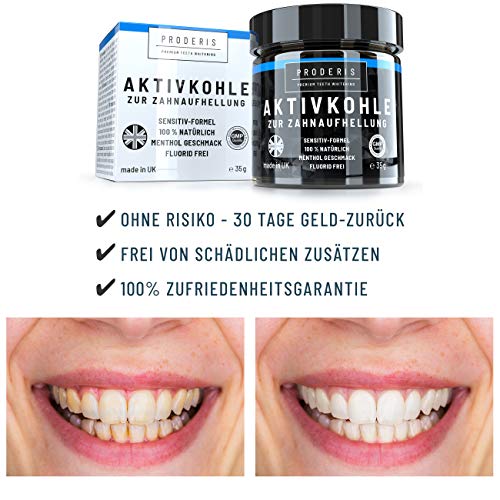 Proderis Kokosnuss Aktivkohle Pulver für weiße Zähne mit frischem Menthol Vegan Activated Charcoal Teeth Whitening Powder Zahnaufhellung Kohle