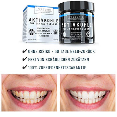 Proderis Kokosnuss Aktivkohle Pulver für weiße Zähne mit frischem Menthol Vegan Activated Charcoal Teeth Whitening Powder Zahnaufhellung Kohle