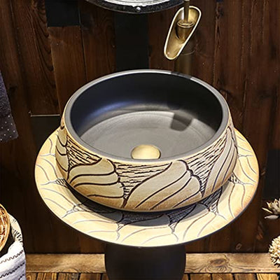 YRRA Waschtisch Stehend Badmöbel Keramik Mode Carving Rund Waschbecken Washbasin with Combination Tap and Drain für drinnen und draußen,G,with Mirror