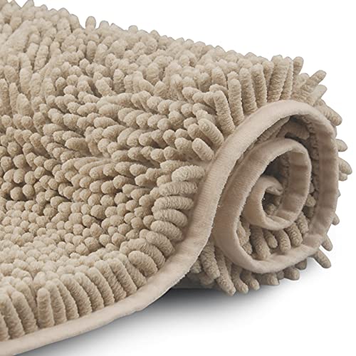 FCSDETAIL rutschfeste, Hochflor Badteppiche 50X80 cm, Maschinenwaschbare Badematte, Badvorleger mit Wasserabsorbierenden, Weiche Chenille für Badewanne, Dusche und Badezimmer (Beige)