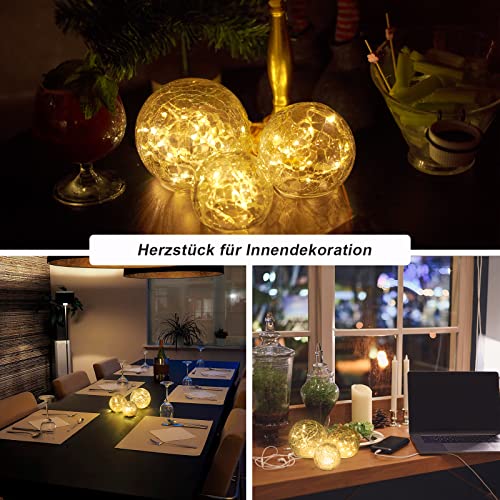 Zodight LED Glaskugel 3er Set, Warmweiß Weihnachtsdeko Glaskugel Beleuchtet mit Crackle Glas, 8 Modi LED Deko Glaskugel Lampe Batteriebetrieben für Innen/Herbstdeko/Tischdeko/Schlafzimmer/Wohnzimmer