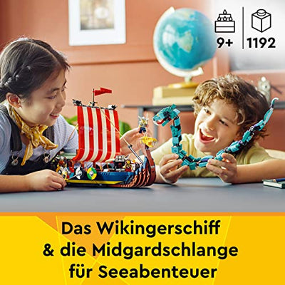 LEGO 31132 Creator 3in1 Wikingerschiff mit Midgardschlange, Set mit Schiff, Haus, Spielzeug-Wolf und Tier-Figuren, Geschenk zu Weihnachten für Kinder