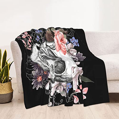 Totenkopf Decke Fleecedecke Blume und Skelett Geschenk Damen Männer Mädchen Jungen Vier Jahreszeiten Super Weich und bequem Plüschdecke Sofa Schlafsofa Büro 130x150cm