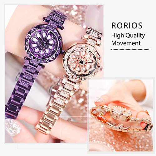 RORIOS Damen Armbanduhren 360°Drehbar Dial Edelstahlband Simulierter Diamant Armbanduhren für Frauen