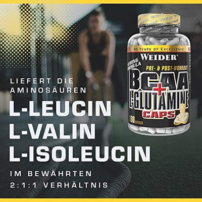 WEIDER BCAA + Glutamin Aminosäuren für Fitness, Bodybuilding u. Krafttraining, 180 Kapseln