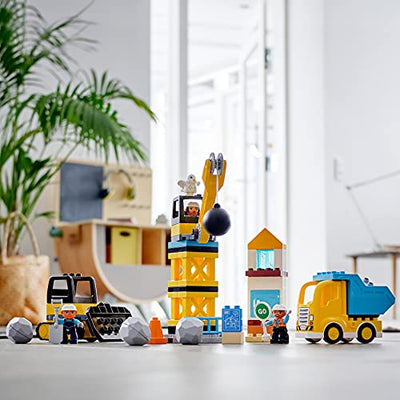 LEGO 10932 DUPLO Baustelle mit Abrissbirne, Spielzeug mit Baustellenfahrzeugen wie LKW, Kran und Bagger, Motorikspielzeug für Kinder ab 2 Jahre