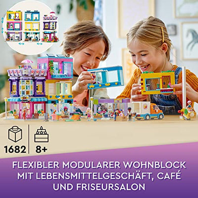 LEGO 41704 Friends Wohnblock in Heartlake City mit Friseursalon und Café, Puppenhaus mit 7 Minipuppen, Hausmodell mit Wohngebäuden, Kinderspielzeug