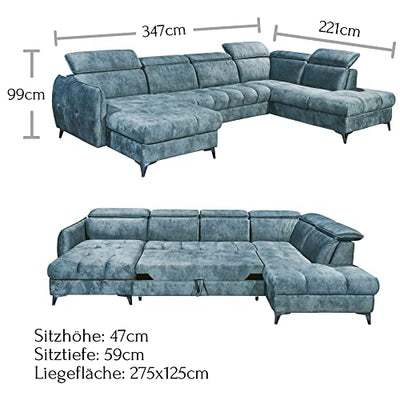 TOGO Wohnlandschaft in U-Form, Stoffbezug Smoke Blue - Ausziehbares Sofa mit Schlaffunktion, Bettkasten & verstellbaren Kopfteilen - 347 x 82 (99) x 221 cm (B/H/T)