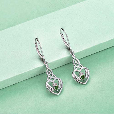 JO WISDOM Damen Hängende Ohrringe Claddagh Herz Silber 925 mit 3A Zirkonia Kristall Mai Geburtsstein Smaragd Farbe,Ohrhänger Keltische Knoten,Schmuck für Frauen